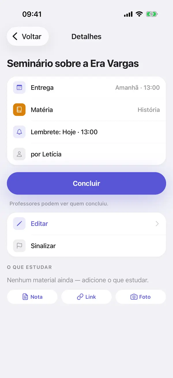 Tela de detalhe de um item da turma, com o nome de quem publicou.